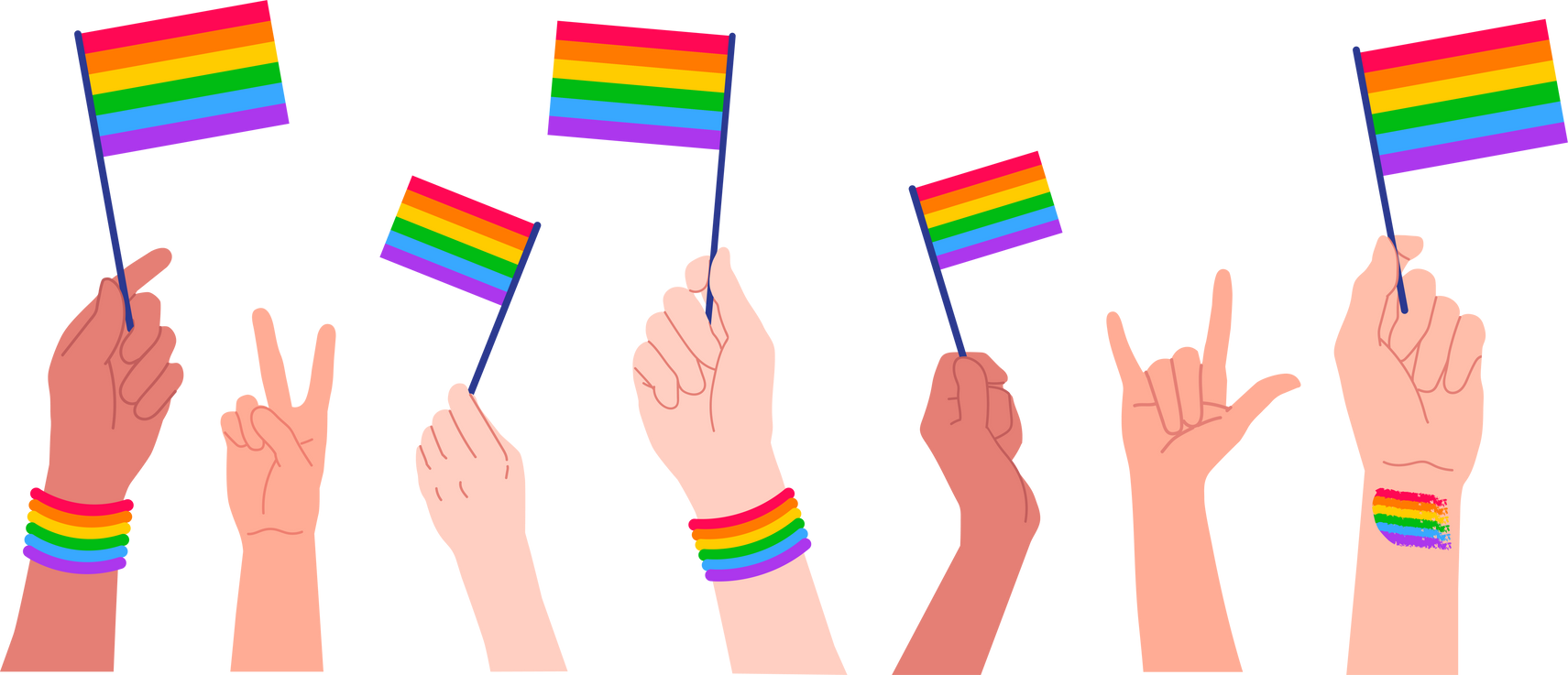 Group of hand holding pride flags celebration