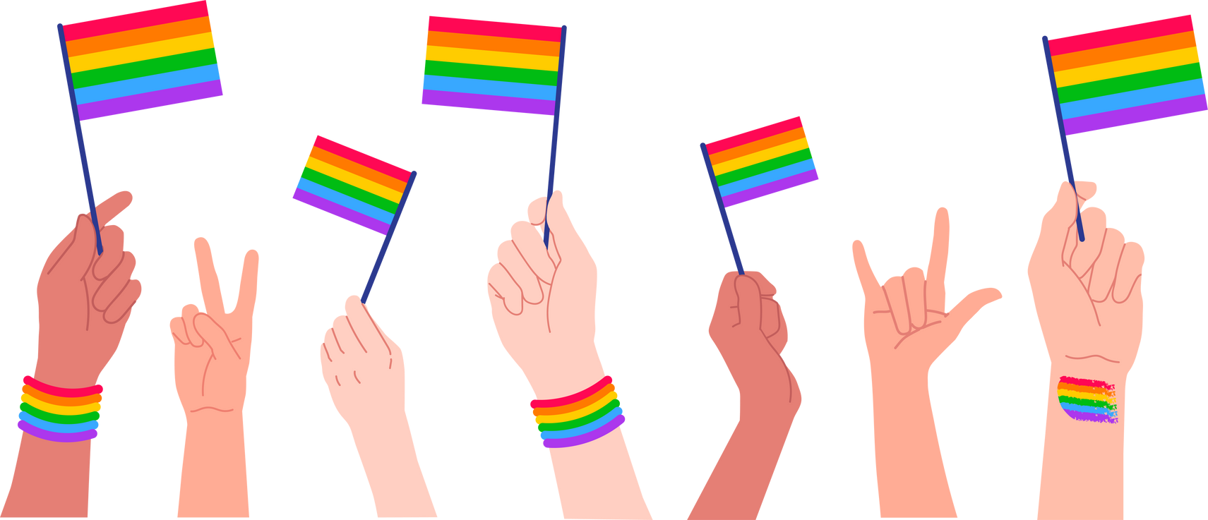 Group of hand holding pride flags celebration